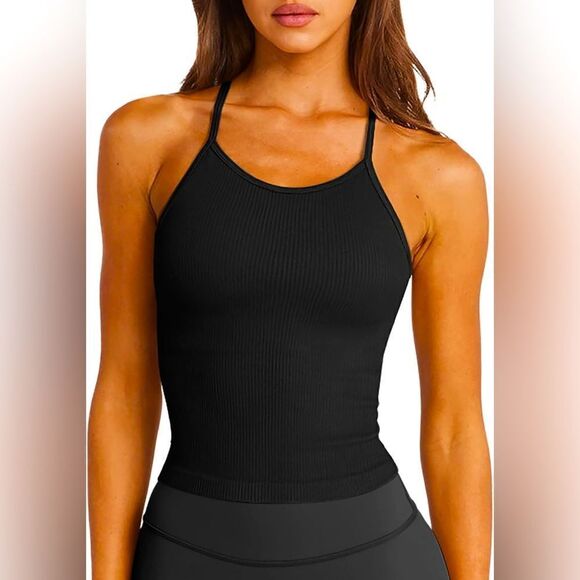 NWT LASLULU Ribbed Seamless Crop Tank Raceback Spaghetti Strap Padded Bra Top L - Picture 4 of 6